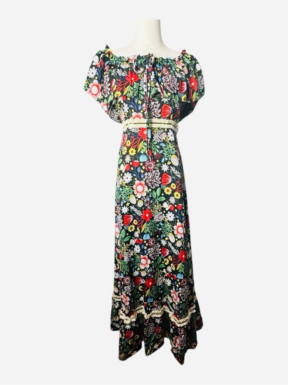 ModCloth Traffic People 60s Floral Fringe Maxi Dress Size XS NEW - Picture 2 of 16